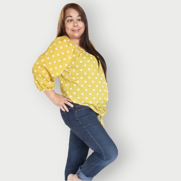 COLLECTION COSTA BLANCA WOMENS L YELLOW & WHITE POKA DOT SHIRT - Picture 4 of 14